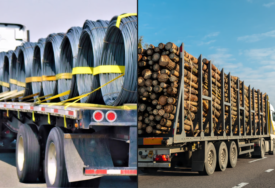 Split image comparing truck bed types: flatbed trailer hauling coiled steel secured with straps on the left, and stake bed truck transporting stacked logs with side posts on the right.